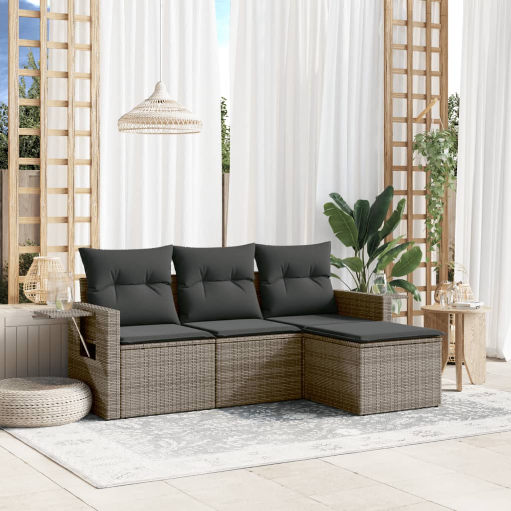 vidaXL 4-delige Loungeset met kussens poly rattan zwart