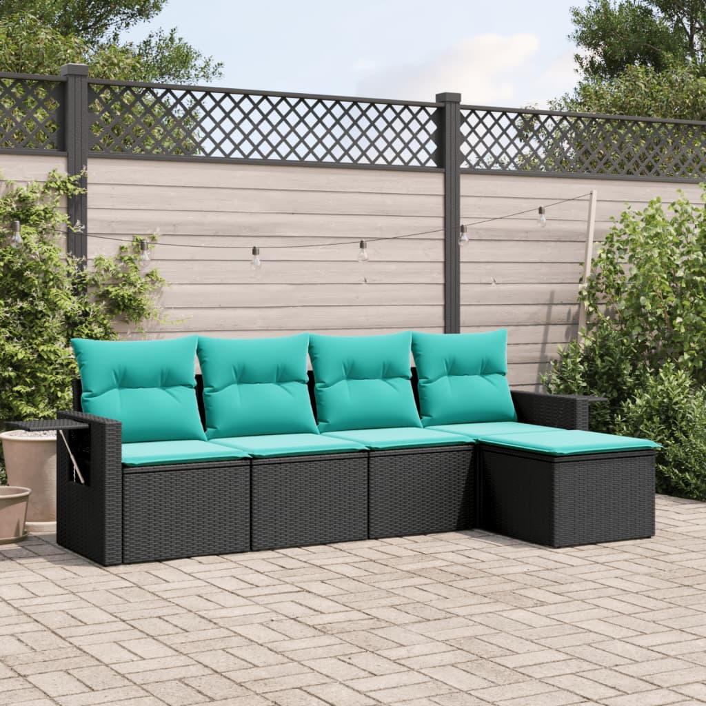 vidaXL 5-delige tuinbankset met kussens van zwart polyrotan