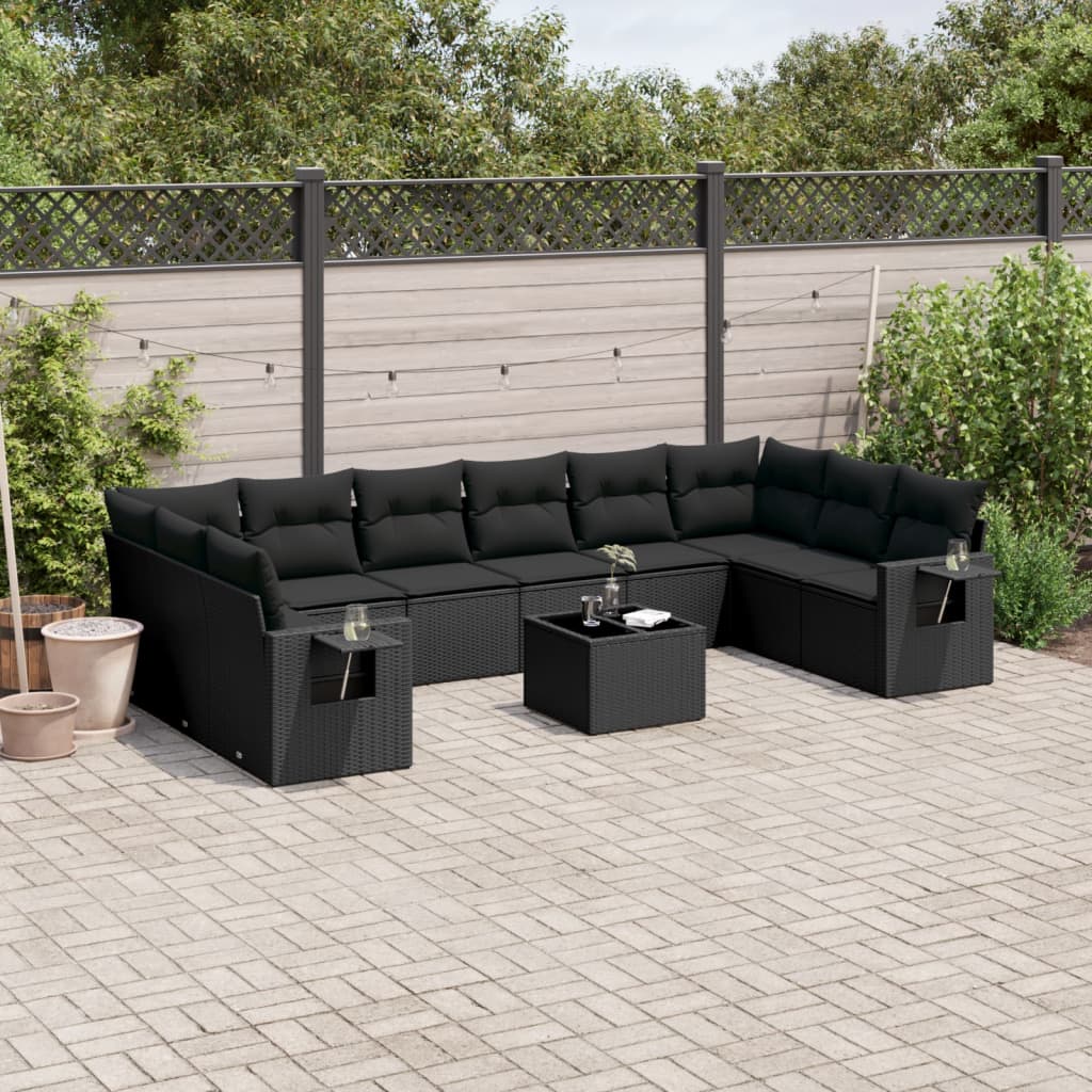 vidaXL 10-delige Loungeset met kussens poly rattan zwart