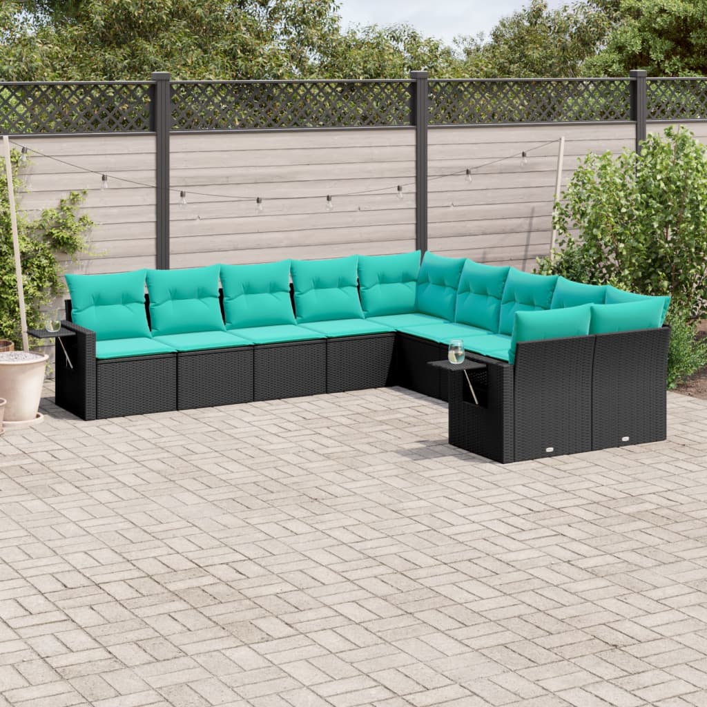 vidaXL 10-delige tuinbankset met kussens van zwart polyrotan