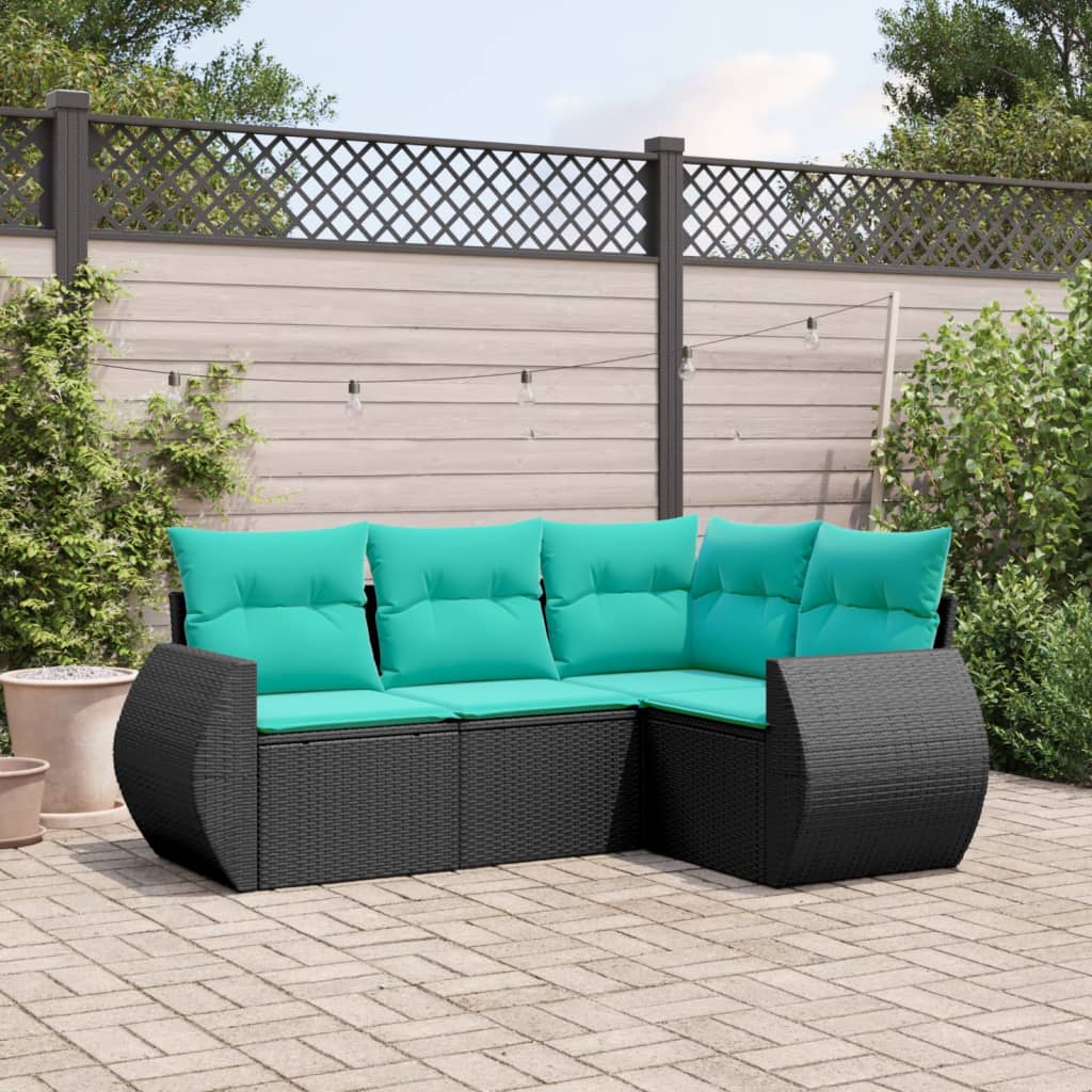 vidaXL 4-delige tuinbankset met kussens, zwart polyrotan