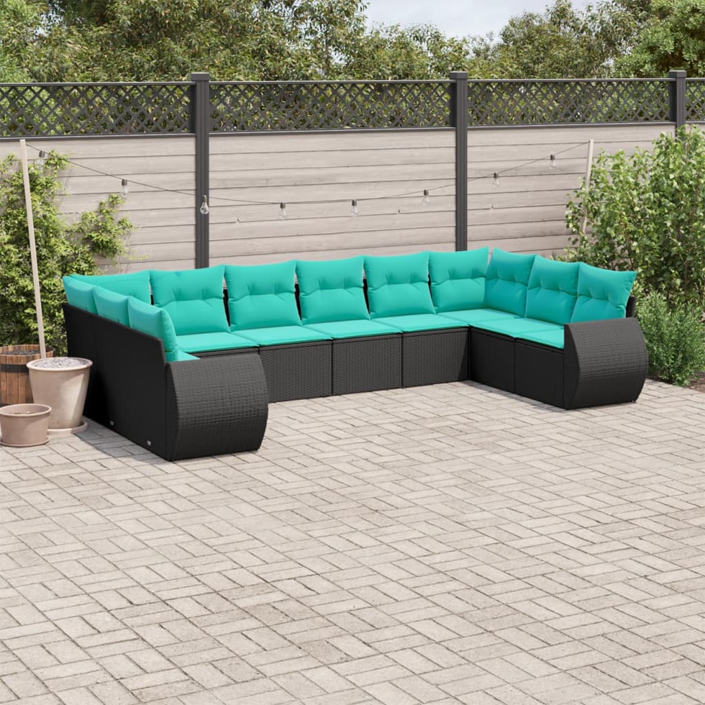 vidaXL 10-delige tuinbankset met kussens van zwart polyrotan