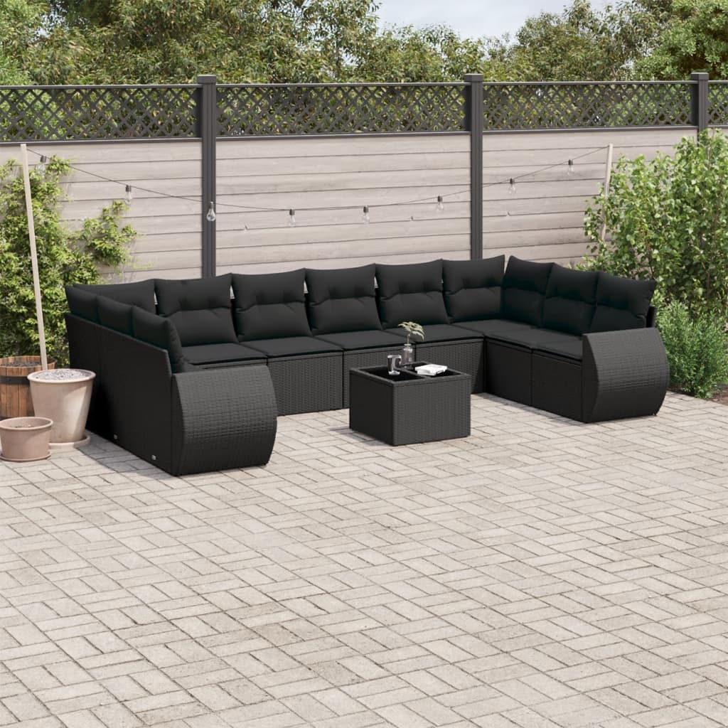 vidaXL 10-delige Loungeset met kussens poly rattan zwart