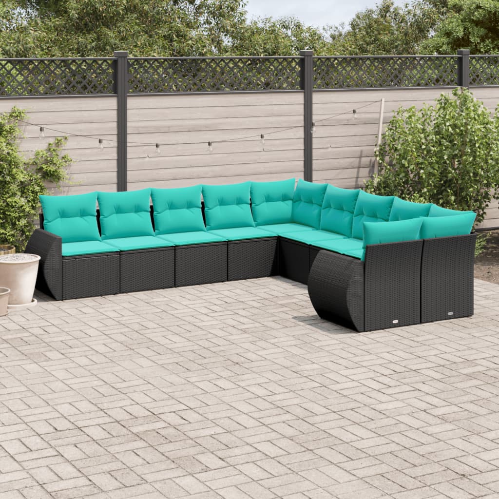 vidaXL 10-delige tuinbankset met kussens van zwart polyrotan