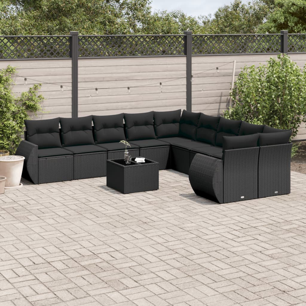 vidaXL Ensemble de salon 10 personnes avec coussins en poly rotin noir