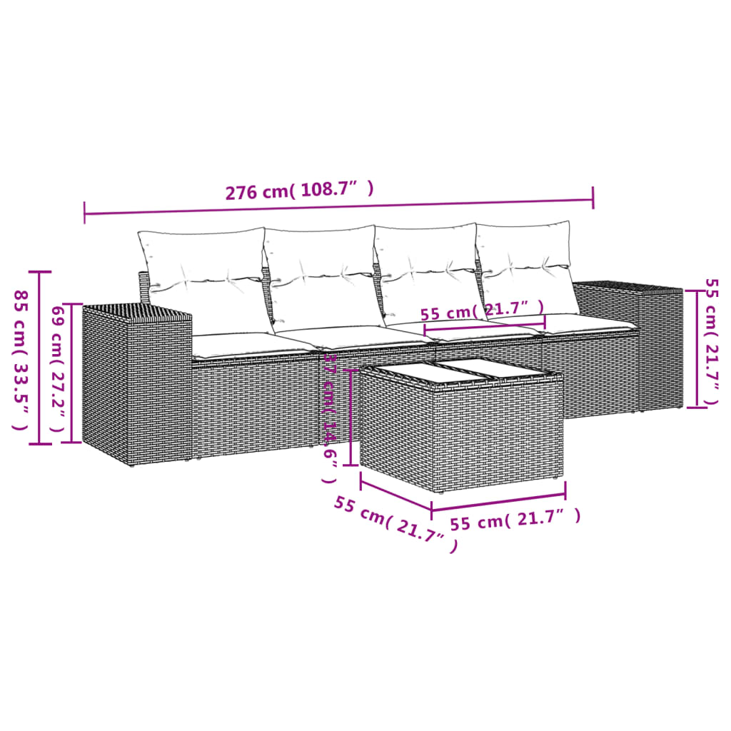 vidaXL 5-Piece Lounge Set with Cushions Poly Rattan Grey