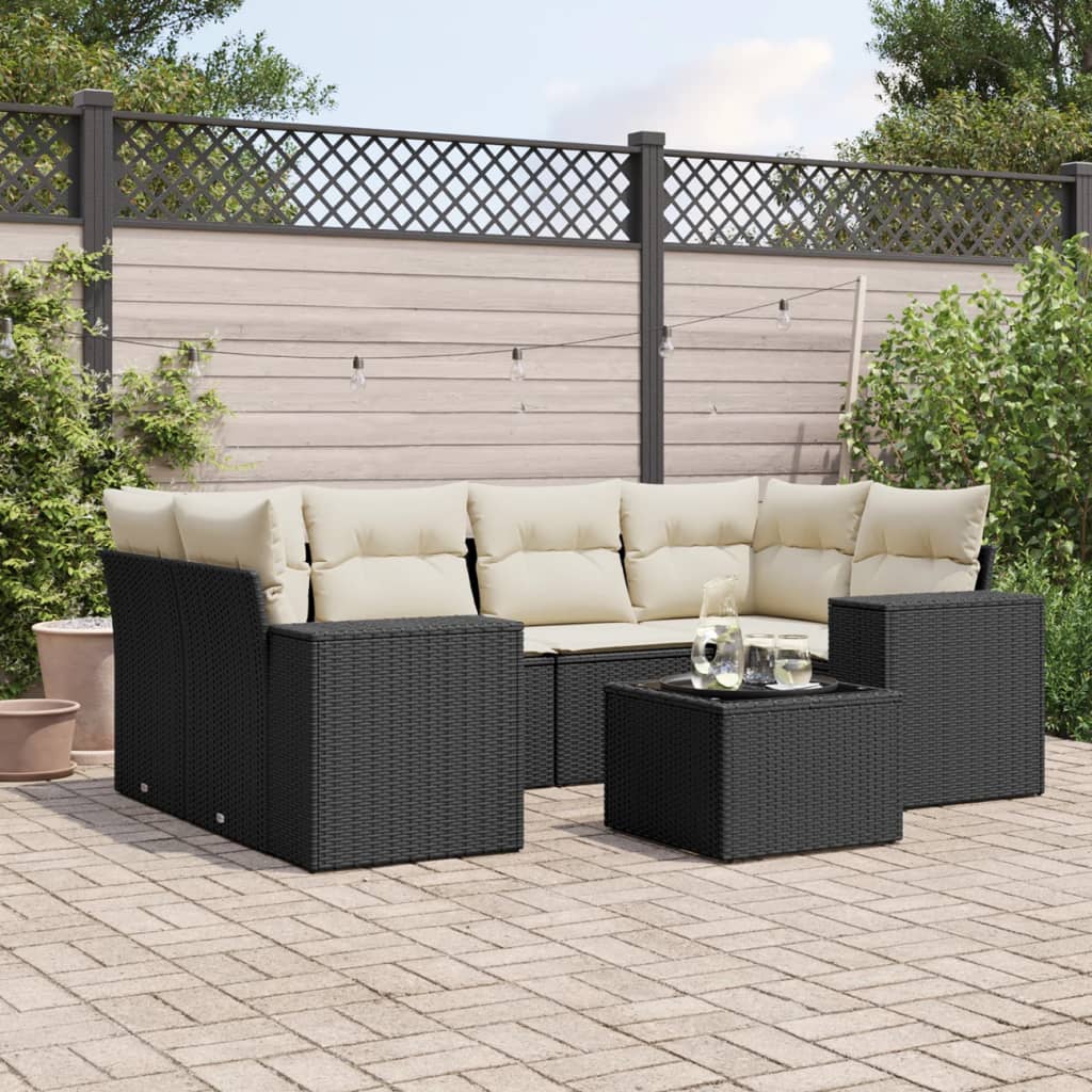 vidaXL 7-delige Loungeset met kussens poly rattan zwart