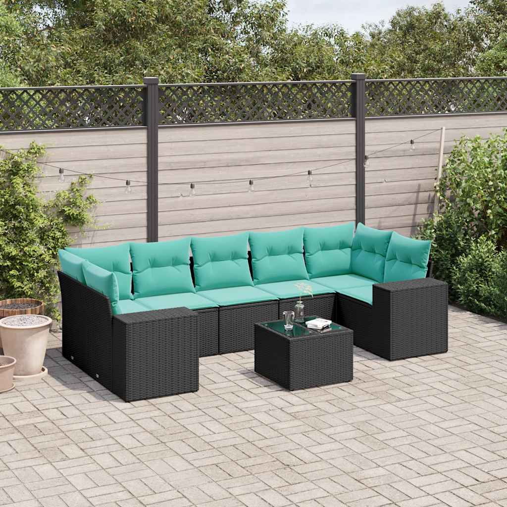 vidaXL 8-delige tuinbankset met kussens, zwart polyrotan
