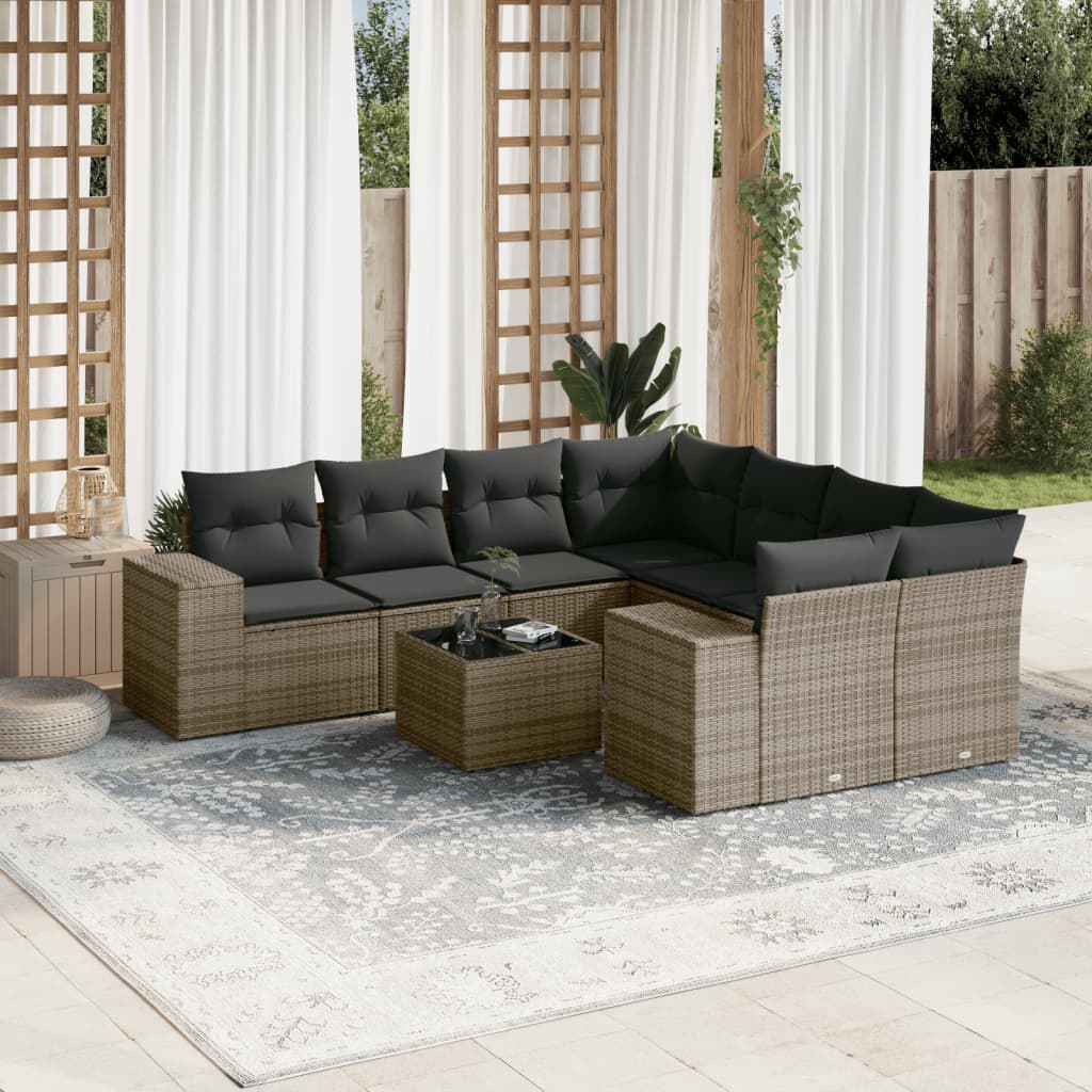 vidaXL 9-delige Loungeset met kussens poly rattan zwart