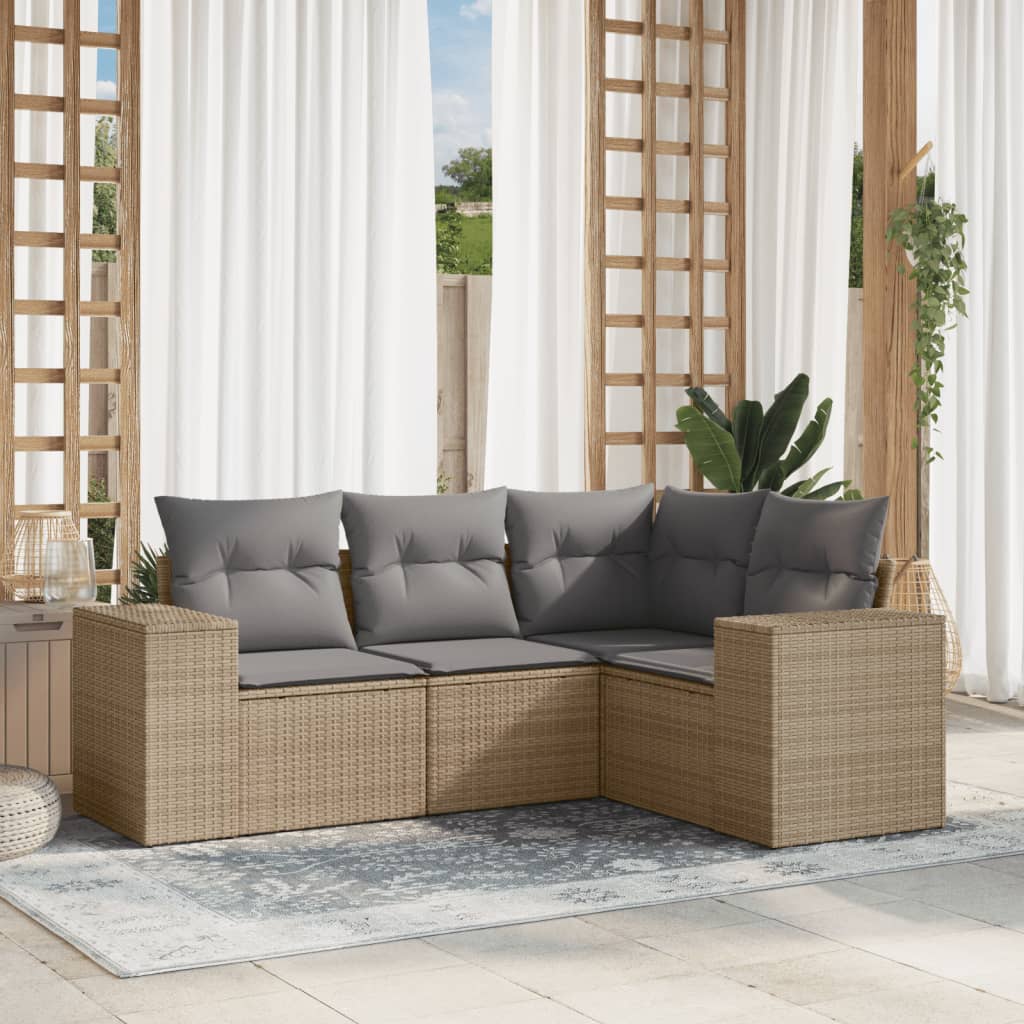vidaXL 4-delige Loungeset met kussens poly rattan zwart