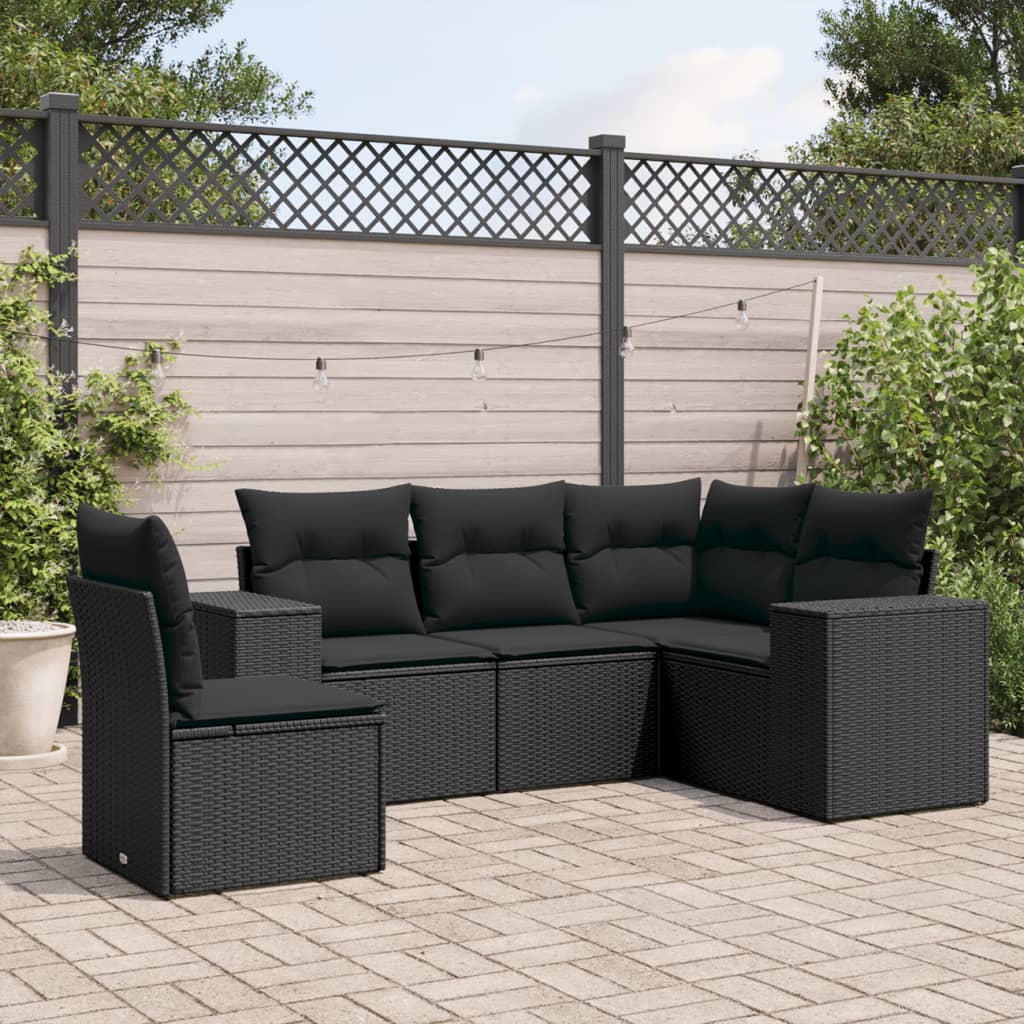 vidaXL 5-delige Loungeset met kussens poly rattan zwart