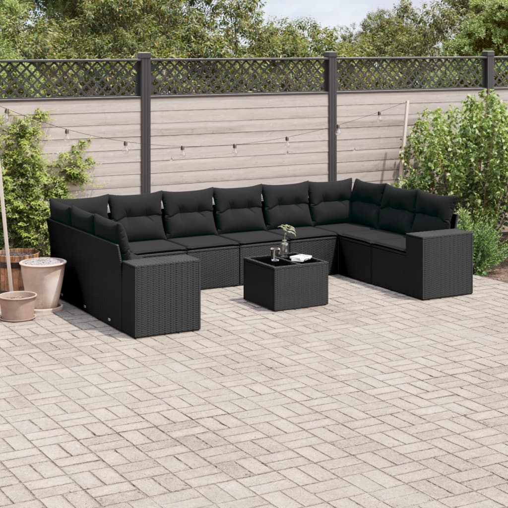 vidaXL 10-delige Loungeset met kussens poly rattan zwart