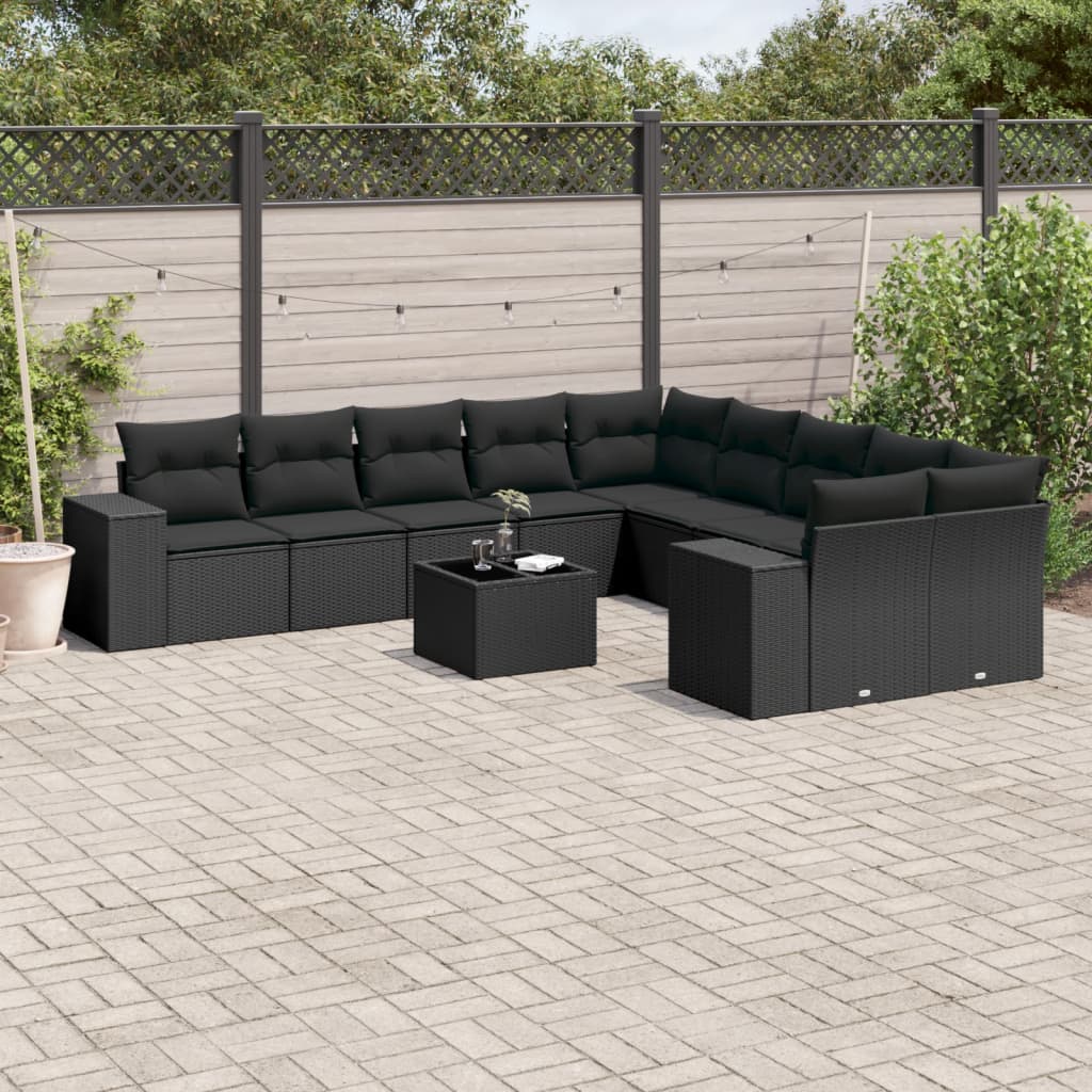 vidaXL 10-delige Loungeset met kussens poly rattan zwart
