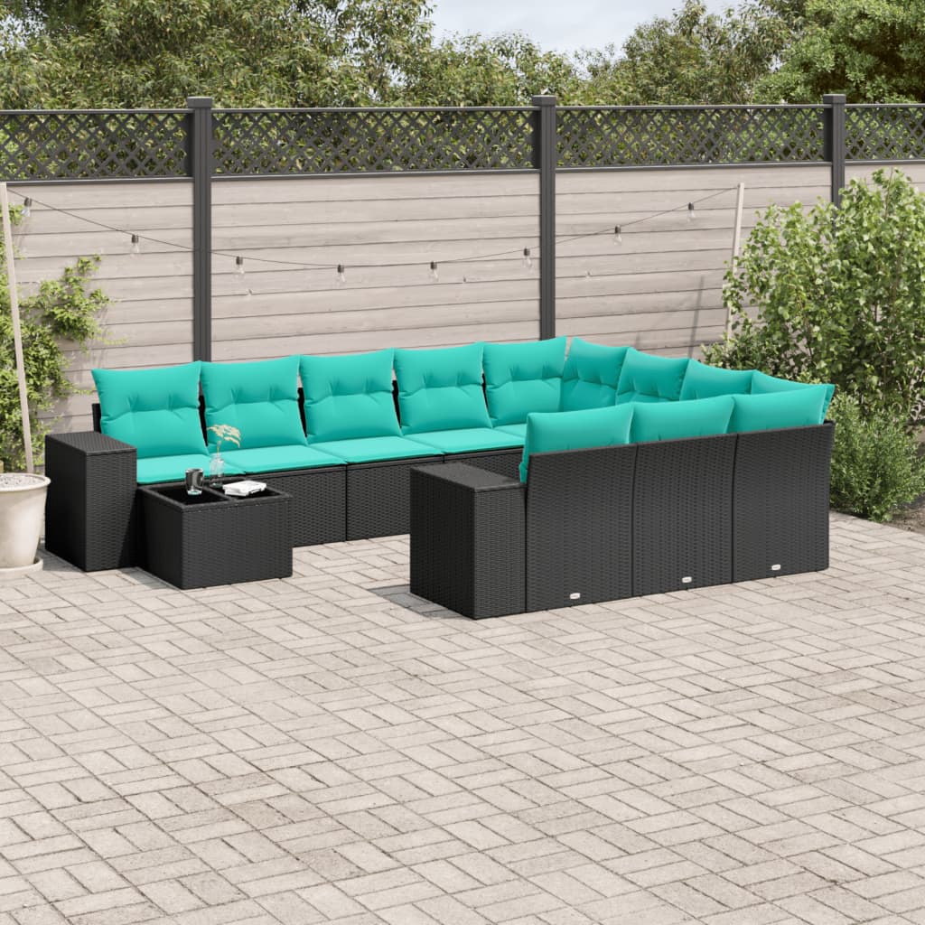 vidaXL 11-delige tuinbankset met kussens, zwart polyrotan