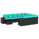 vidaXL 11-delige tuinbankset met kussens, zwart polyrotan