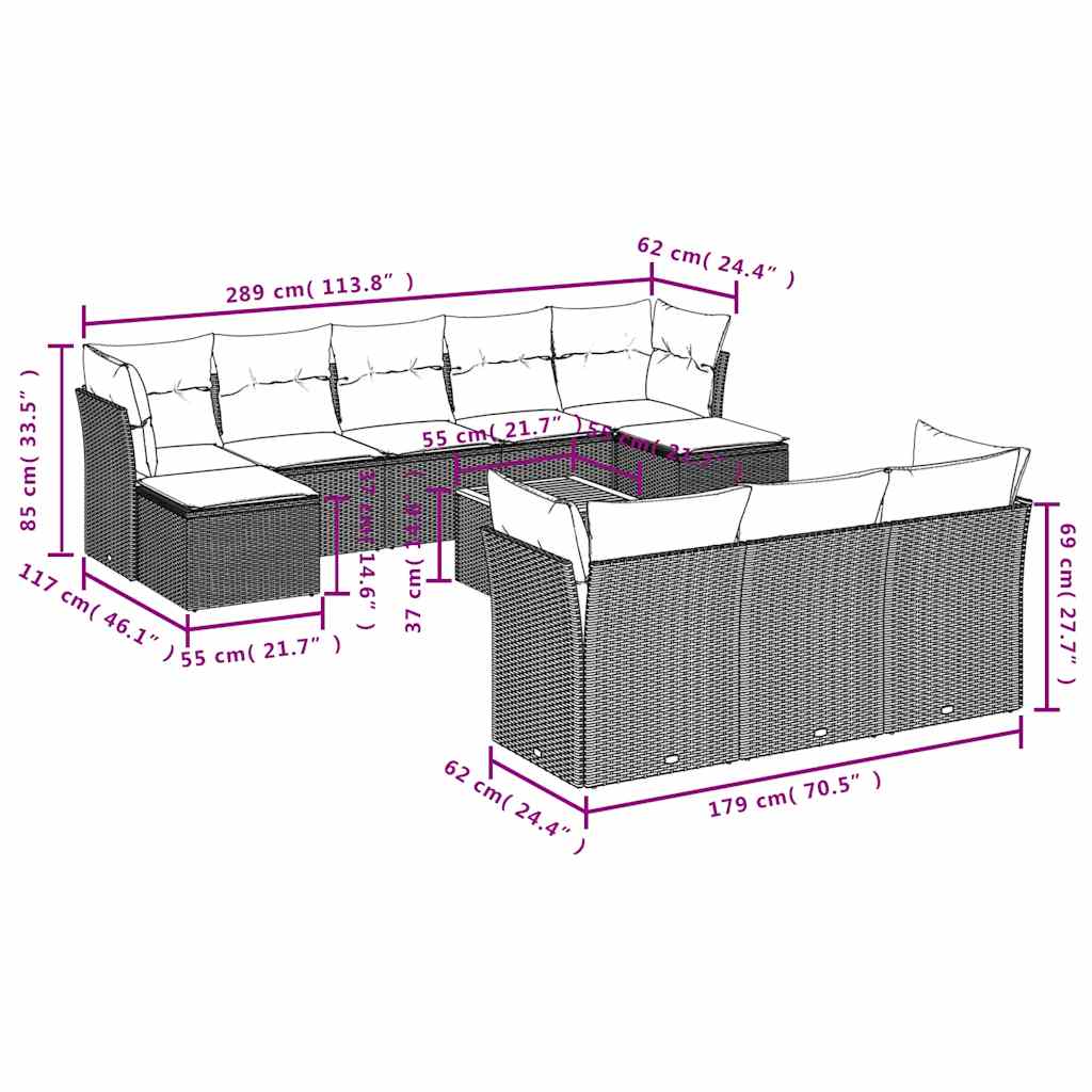 vidaXL 11-delige Loungeset met kussens poly rattan zwart