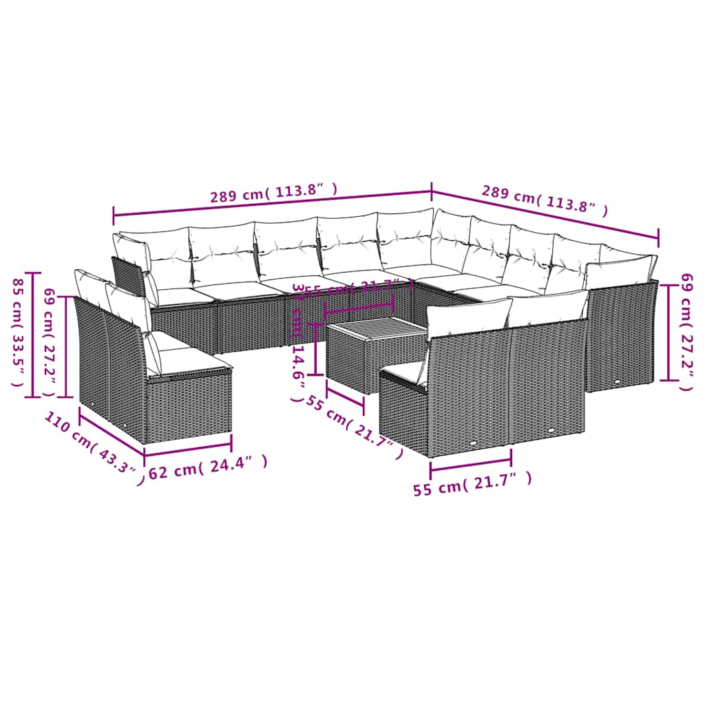 vidaXL 14-piece Lounge Set with Cushions Poly Rattan Black