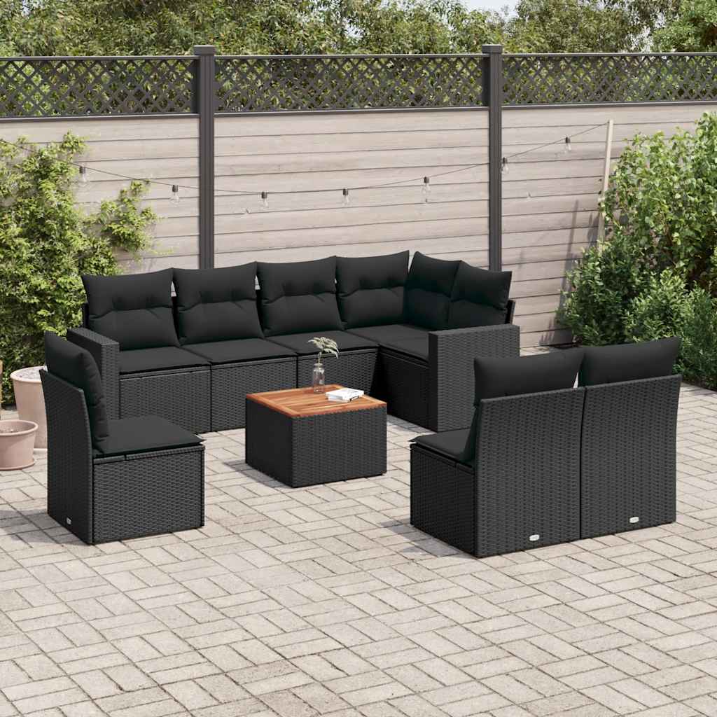 vidaXL 9-piece Poly Rattan Lounge Set with Cushions Black
