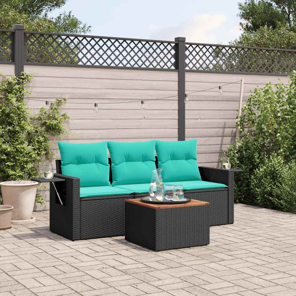vidaXL 4-delige tuinbankset met kussens, zwart polyrotan