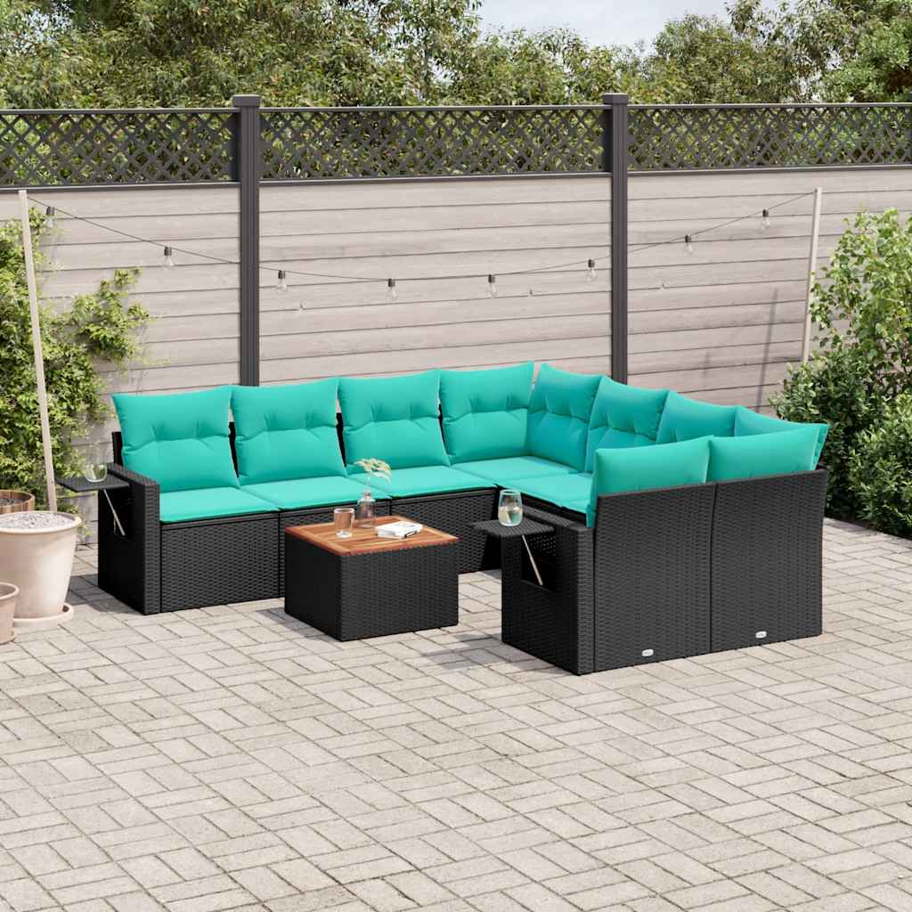 vidaXL 9-delige tuinbankset met kussens van zwart polyrotan