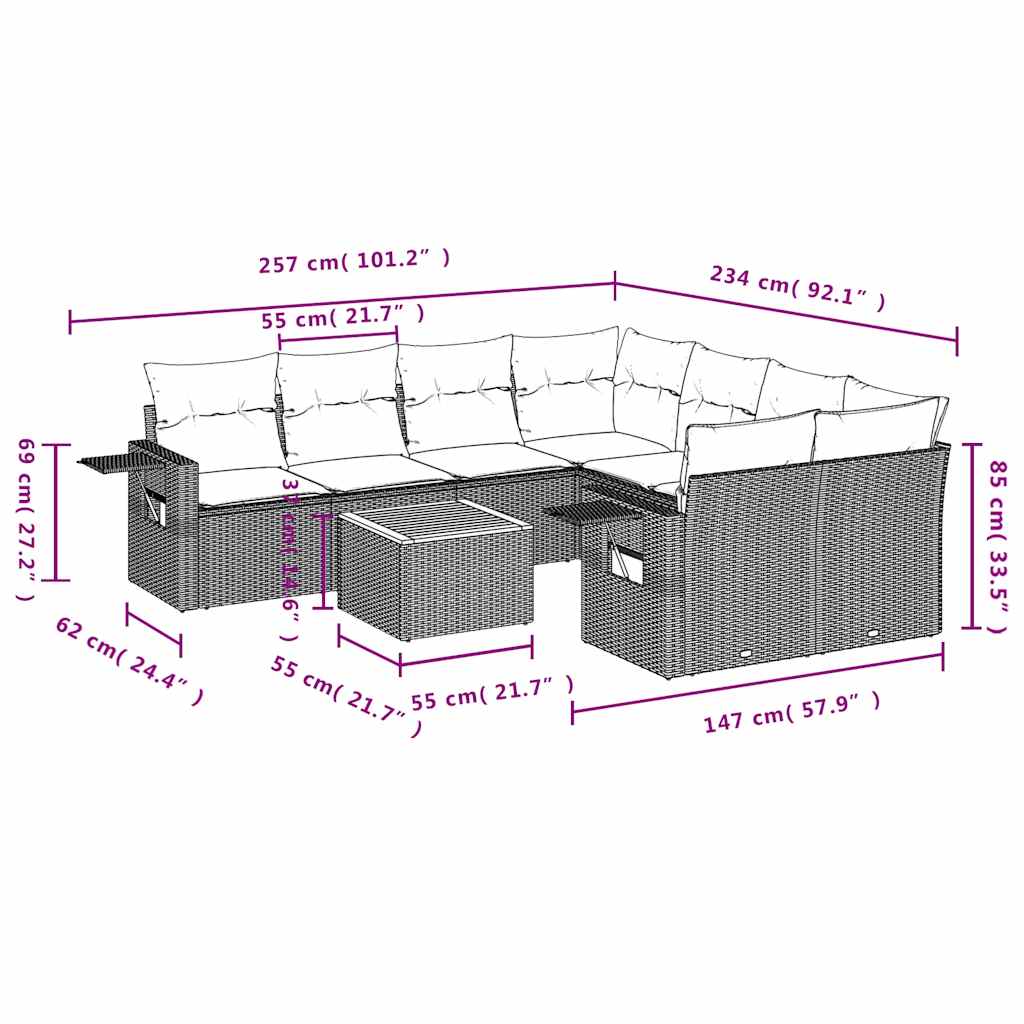 vidaXL 9-delige tuinbankset met kussens van zwart polyrotan
