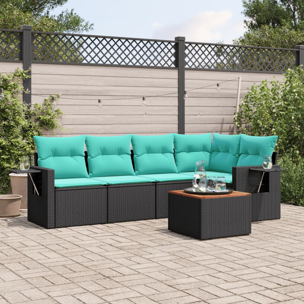vidaXL 6-delige tuinbankset met kussens van zwart polyrotan