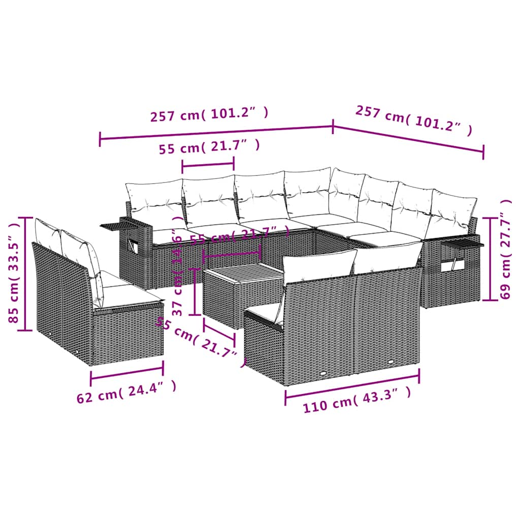 vidaXL 12-piece Garden Sofa Set with Cushions Black Poly Rattan