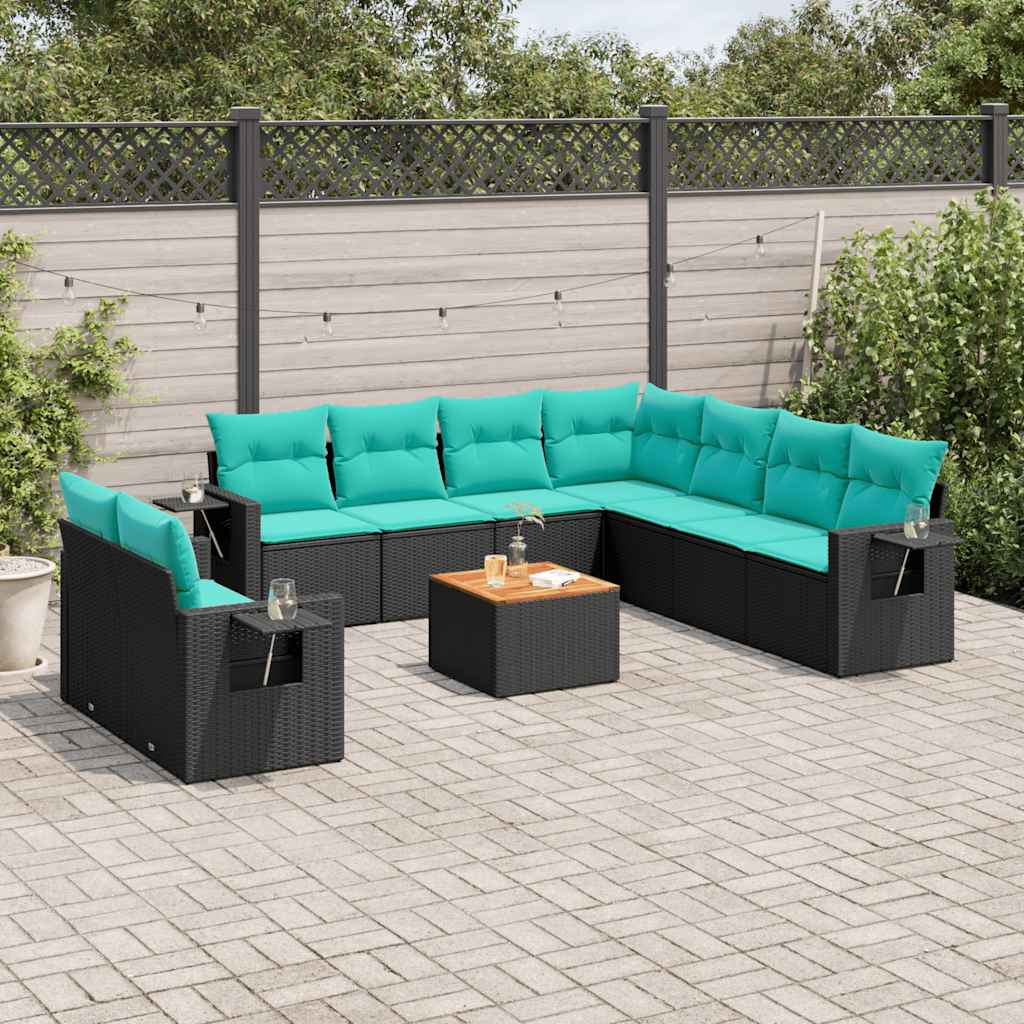 vidaXL 10-delige tuinbankset met kussens van zwart polyrotan