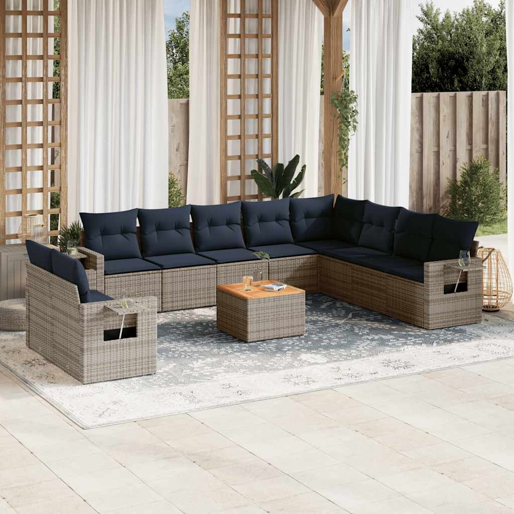 vidaXL 11-Piece Garden Lounge Set with Cushions, Black Poly Rattan