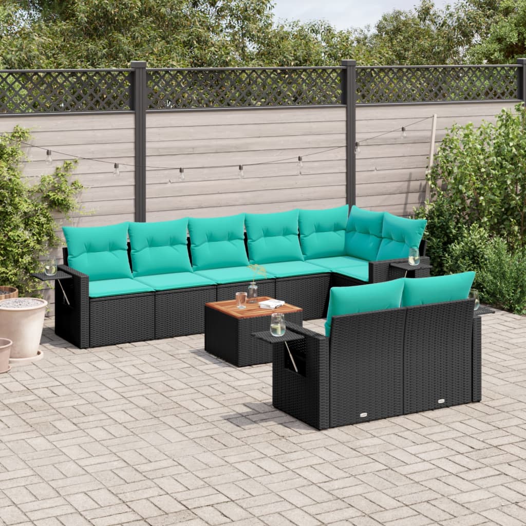 vidaXL 9-delige tuinbankset met kussens van zwart polyrotan
