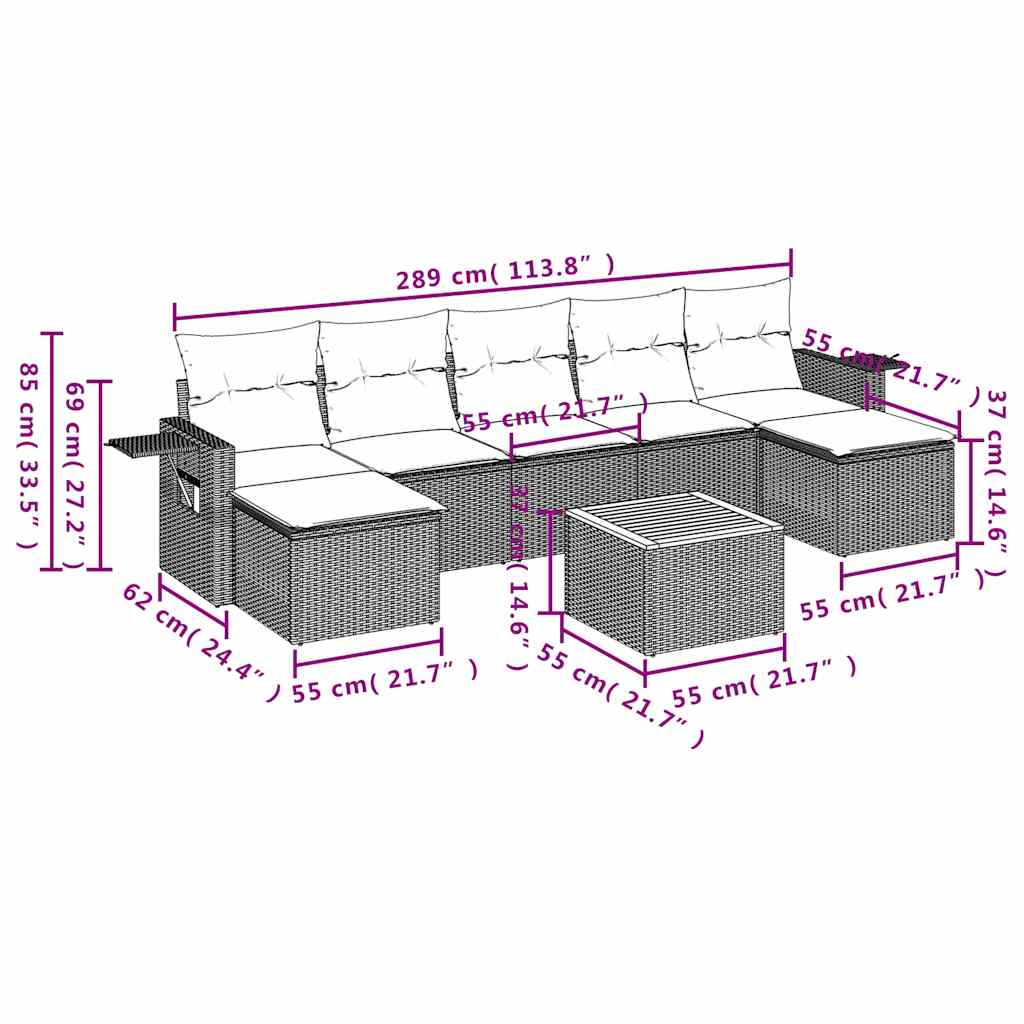 vidaXL 8-delige tuinbankset met kussens, zwart polyrotan