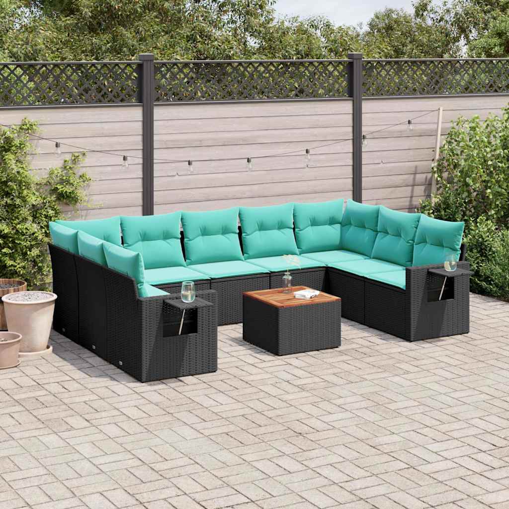 vidaXL 10-delige tuinbankset met kussens van zwart polyrotan