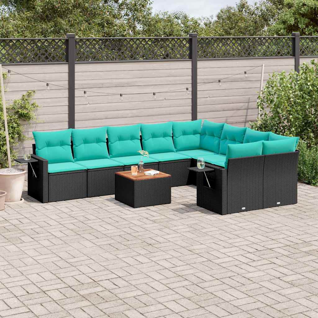 vidaXL 10-delige tuinbankset met kussens van zwart polyrotan