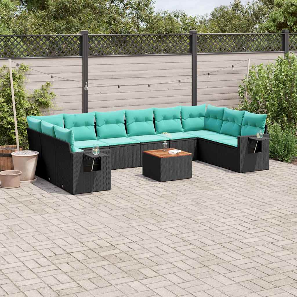 vidaXL 11-Piece Garden Lounge Set with Cushions, Black Poly Rattan