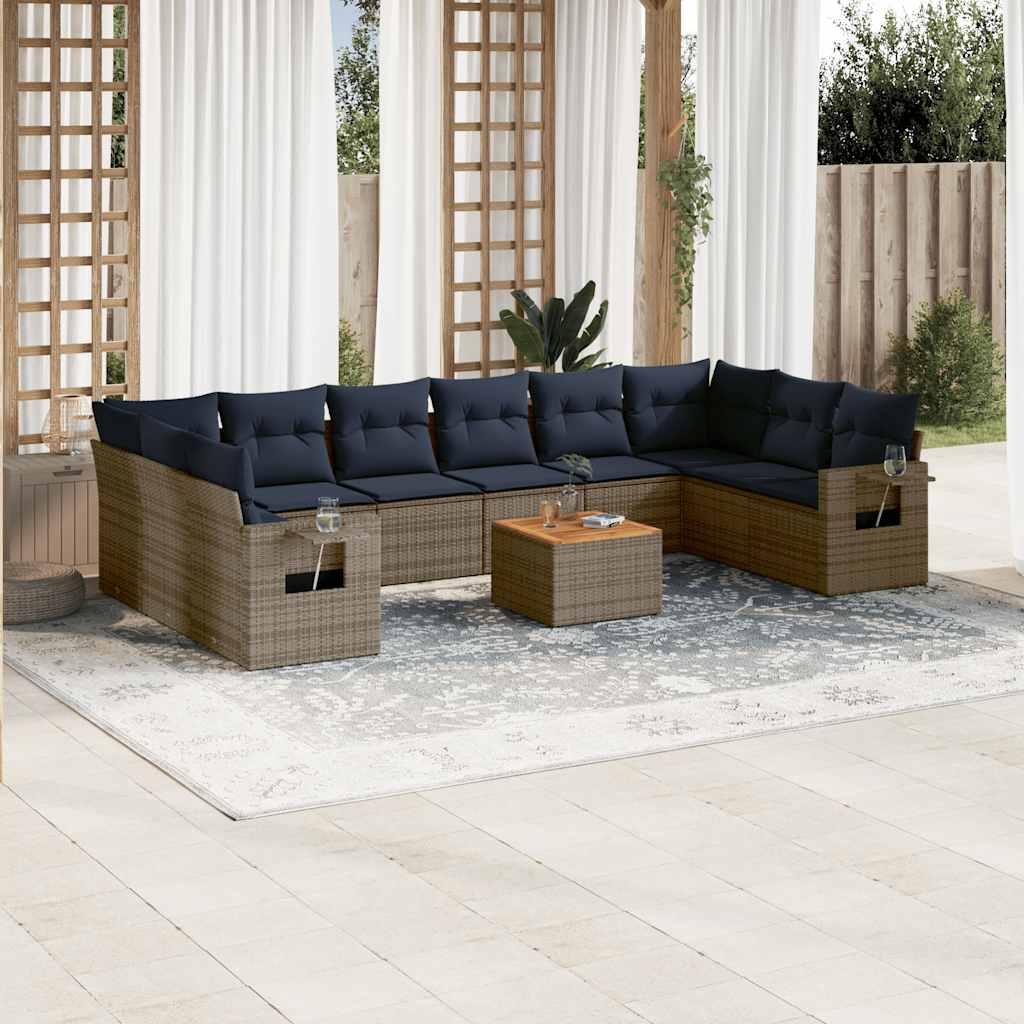 vidaXL 11-Piece Garden Lounge Set with Cushions, Black Poly Rattan