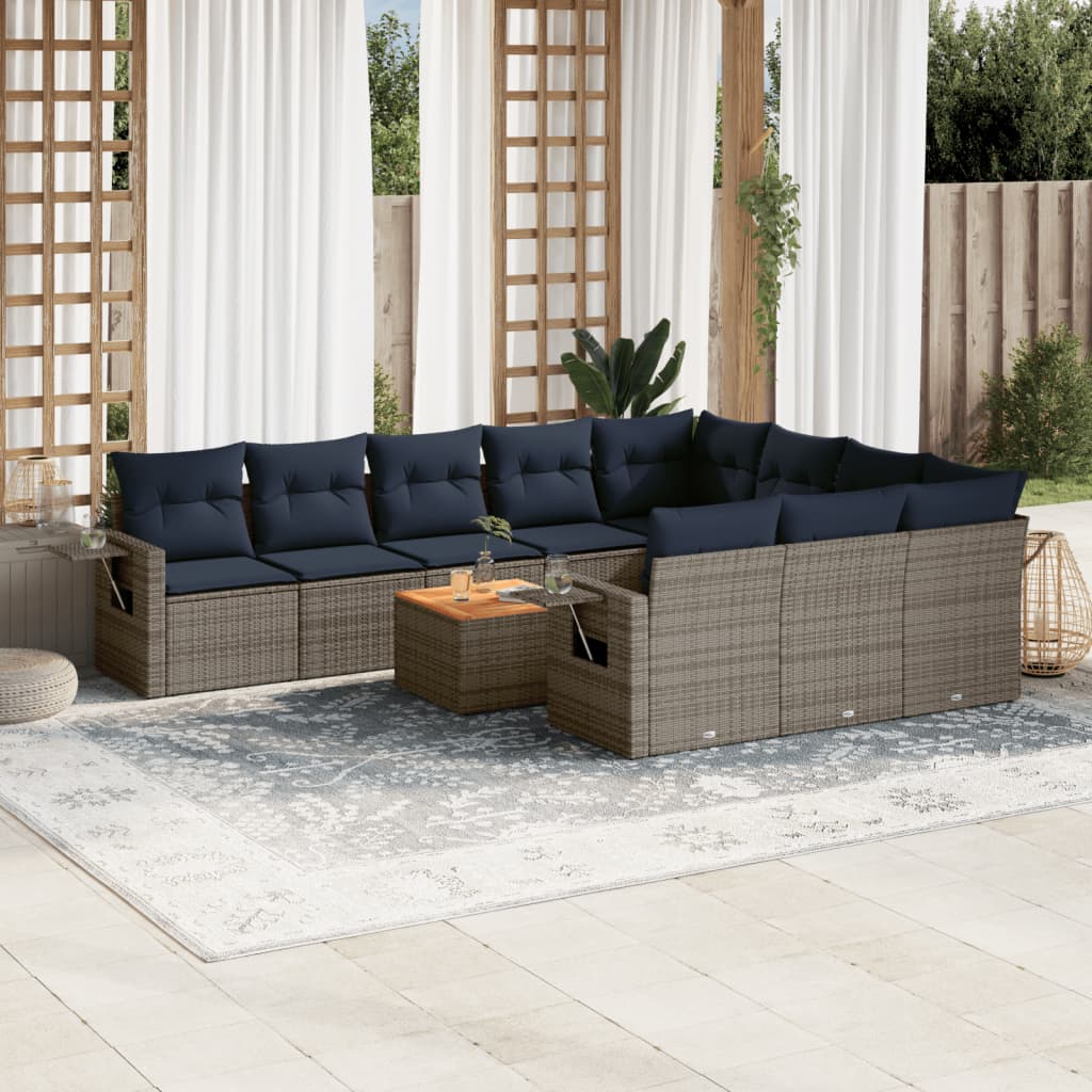 vidaXL 11-Piece Garden Lounge Set with Cushions, Black Poly Rattan