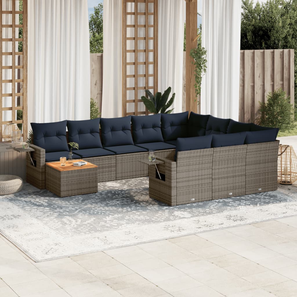 vidaXL 11-Piece Garden Lounge Set with Cushions, Black Poly Rattan