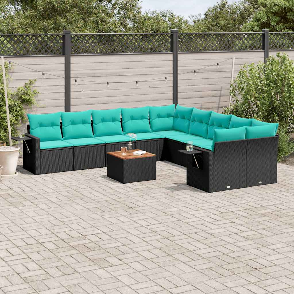 vidaXL 11-Piece Garden Lounge Set with Cushions, Black Poly Rattan