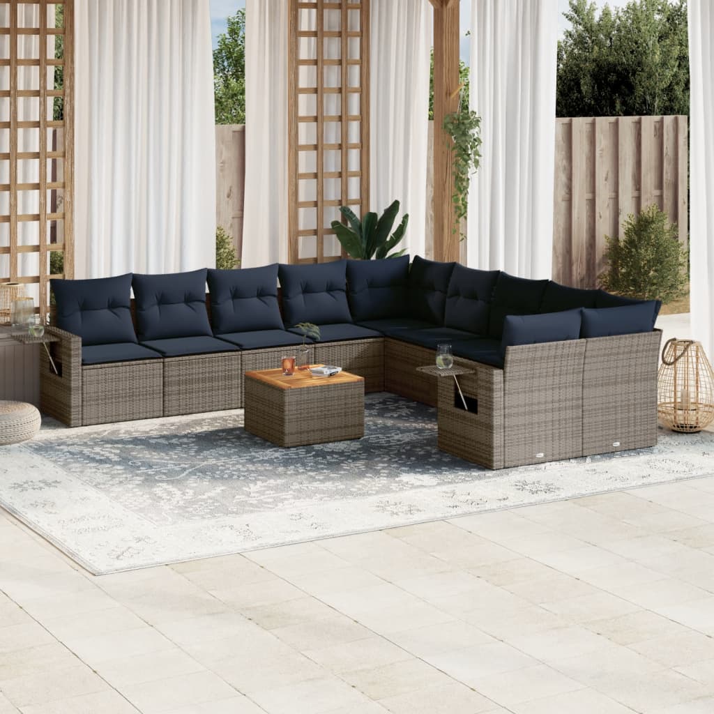 vidaXL 11-Piece Garden Lounge Set with Cushions, Black Poly Rattan