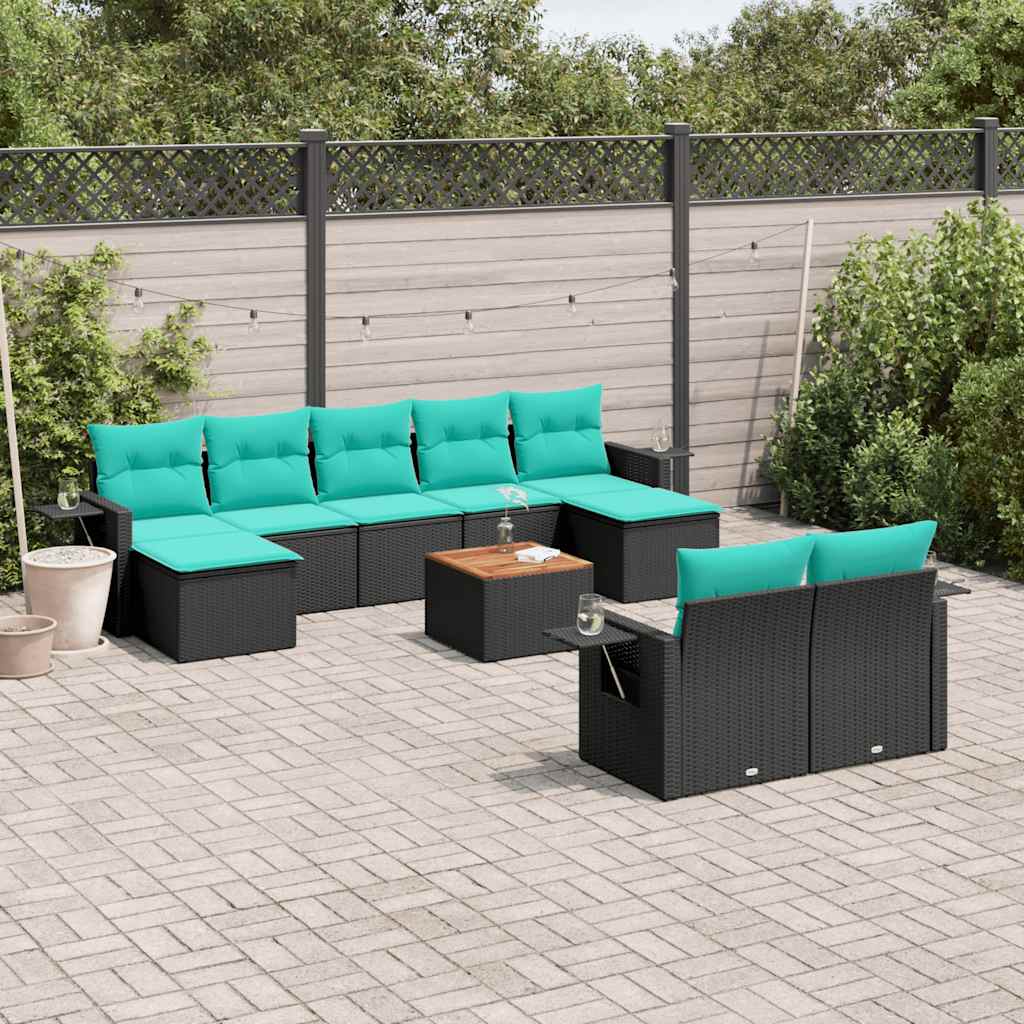 vidaXL 10-piece Garden Sofa Set with Cushions Black Poly Rattan