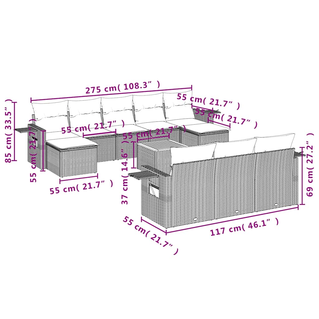vidaXL 11-delige tuinbankset met kussens, zwart polyrotan