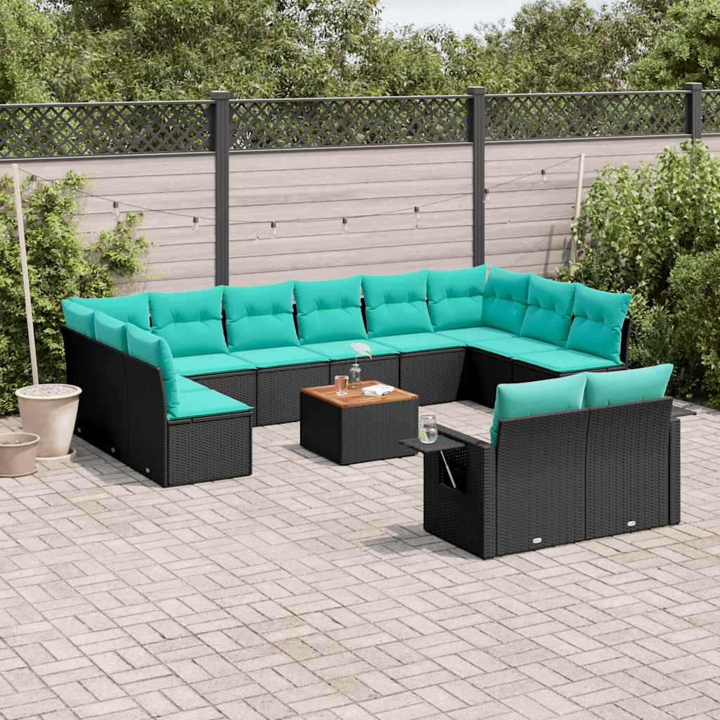 vidaXL 13-delige tuinbankset met kussens van zwart polyrotan