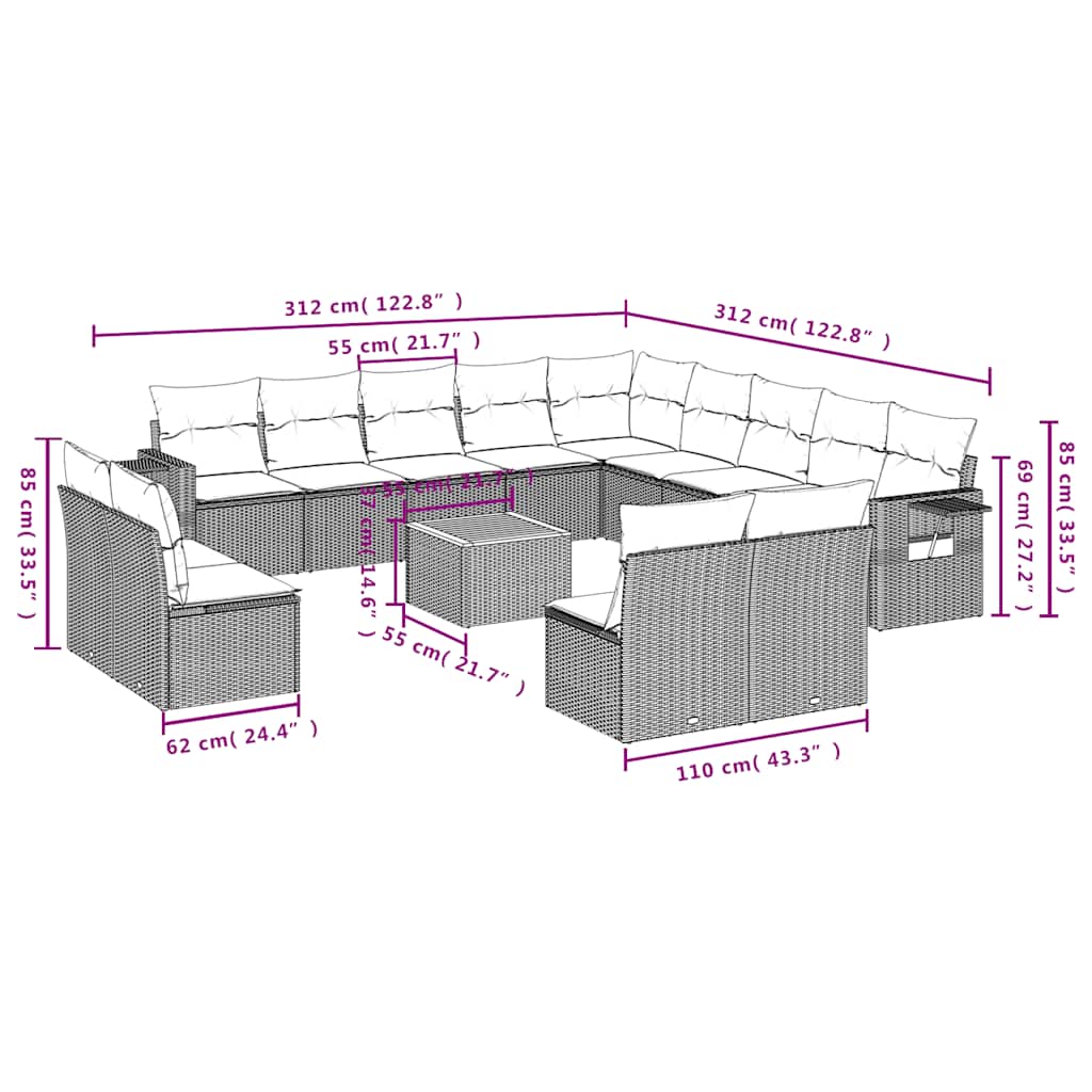 vidaXL 14-piece Garden Sofa Set with Cushions Black Poly Rattan