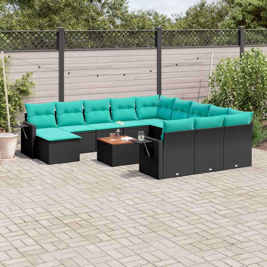 vidaXL 13-Piece Garden Sofa Set with Cushions Black Poly Rattan