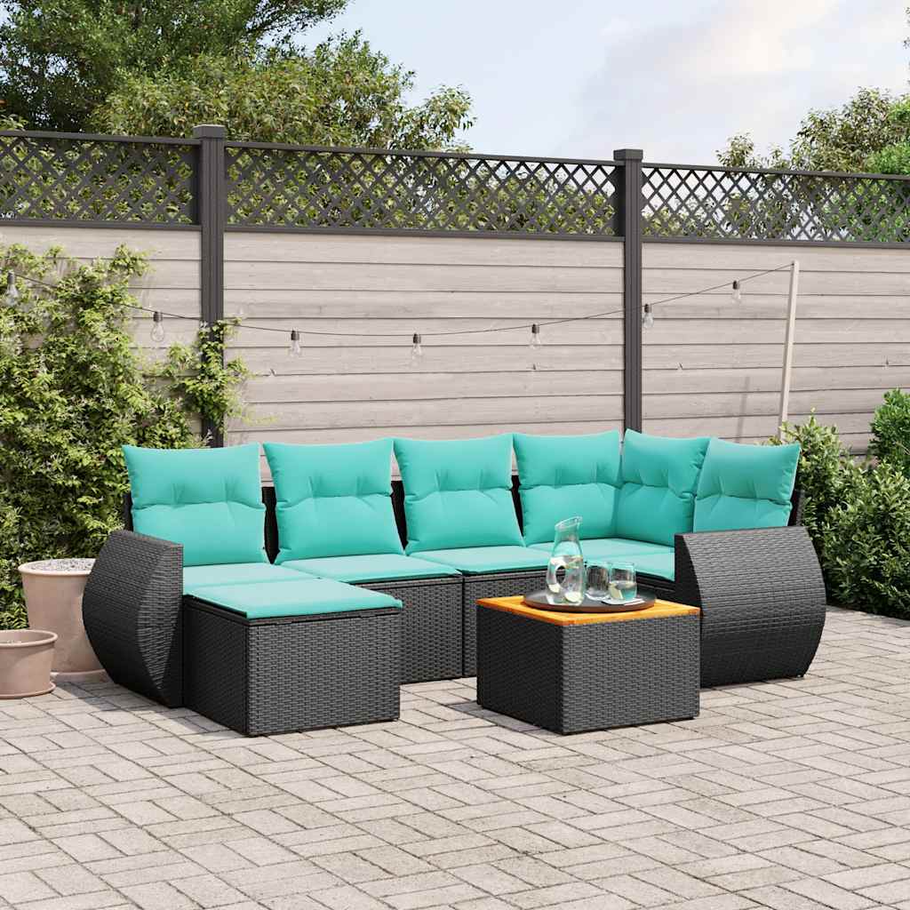 vidaXL 7-delige tuinbankset met kussens van zwart polyrotan