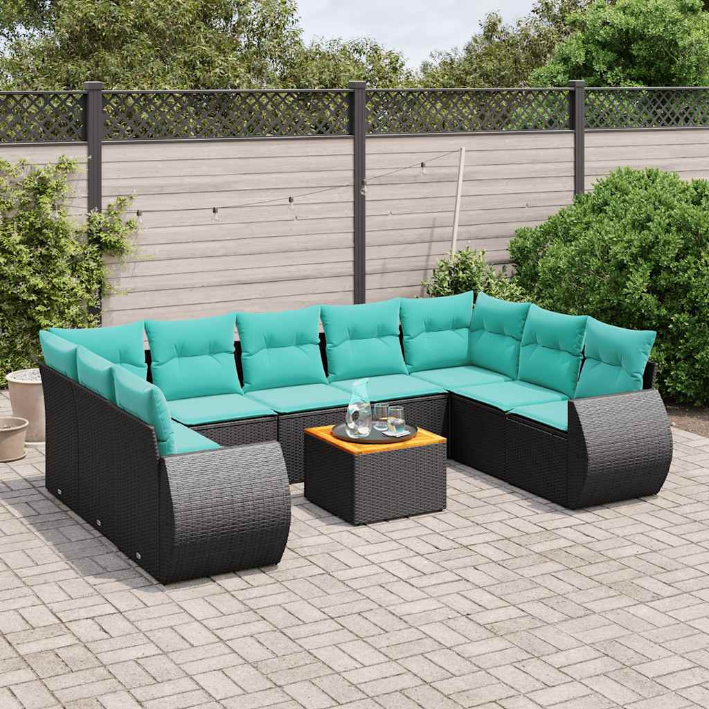 vidaXL 10-delige tuinbankset met kussens van zwart polyrotan
