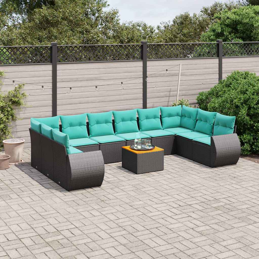 vidaXL 11-Piece Garden Lounge Set with Cushions, Black Poly Rattan