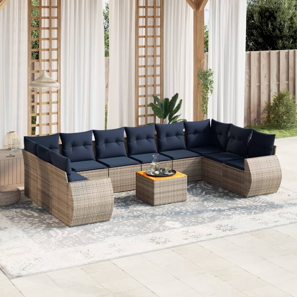 vidaXL 11-Piece Garden Lounge Set with Cushions, Black Poly Rattan