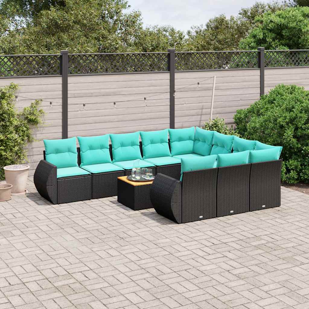 vidaXL 11-Piece Garden Lounge Set with Cushions, Black Poly Rattan