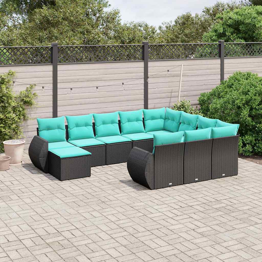 vidaXL 11-Piece Garden Lounge Set with Cushions, Black Poly Rattan